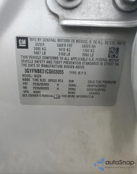 2012 Cadillac Srx Performance Collection из США, поврежденный, VIN 3GYFNBE31CS603055